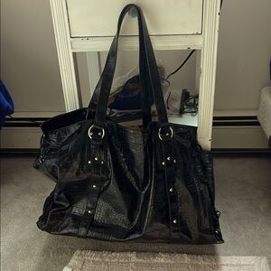 Black Rivet Cheetah/Leopard Print Themed Leather Tote Bag